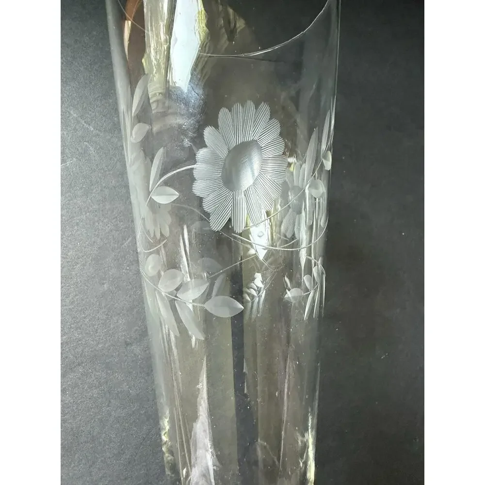 Vintage Etched Crystal Pilsner Glasses Champagne Barware Set (2) Flower Design